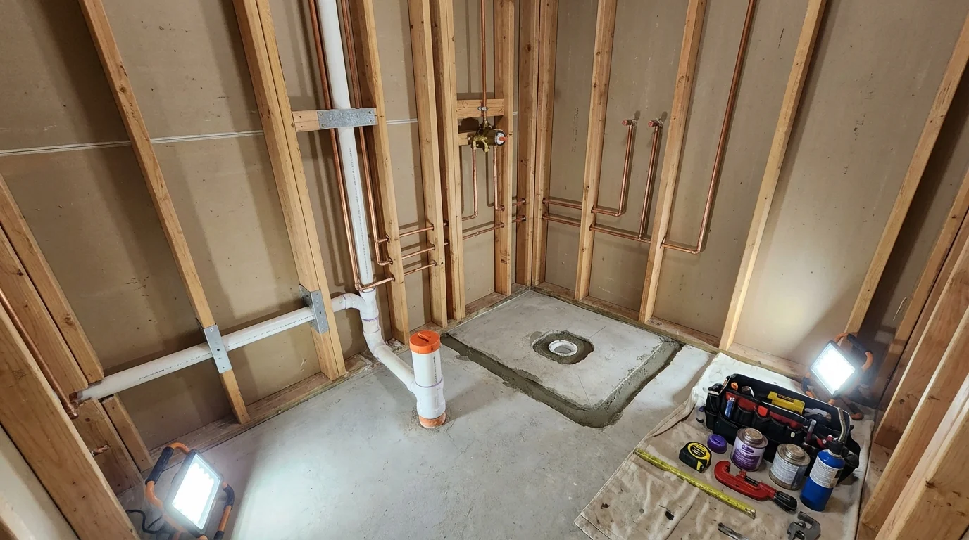 Bathroom rough-in plumbing during remodel by Johns Plumbing LLC in Dudley