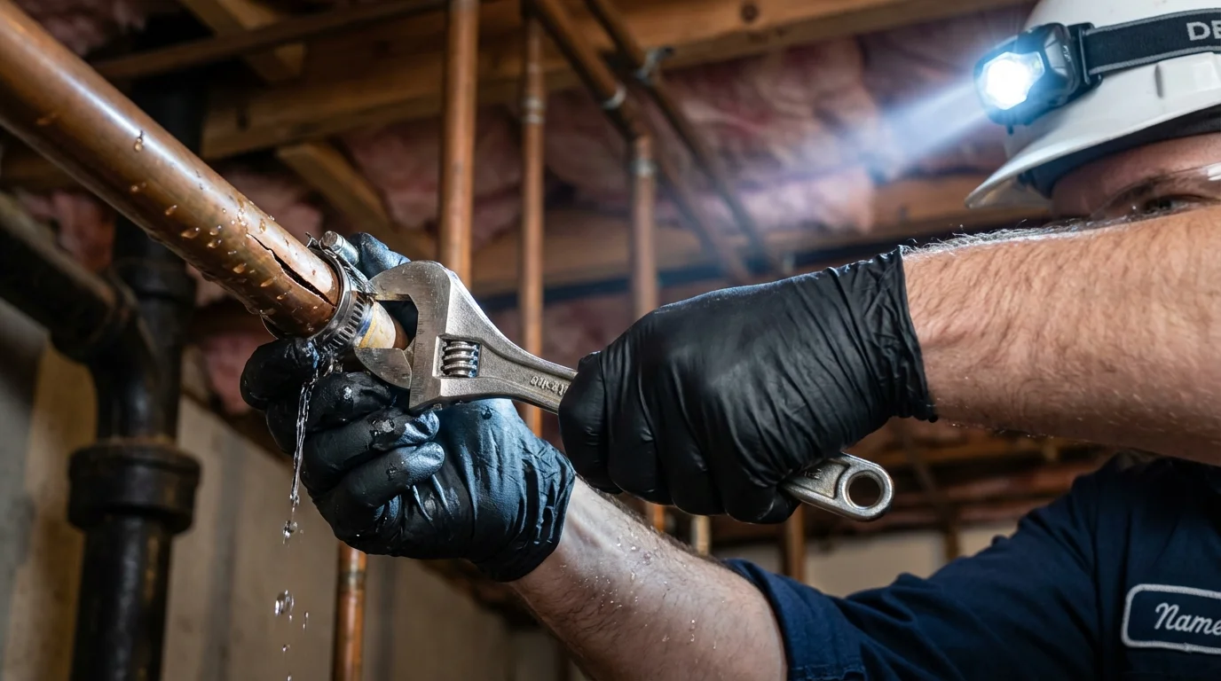 Emergency pipe clamp repair being performed by a Johns Plumbing LLC plumber in Dudley