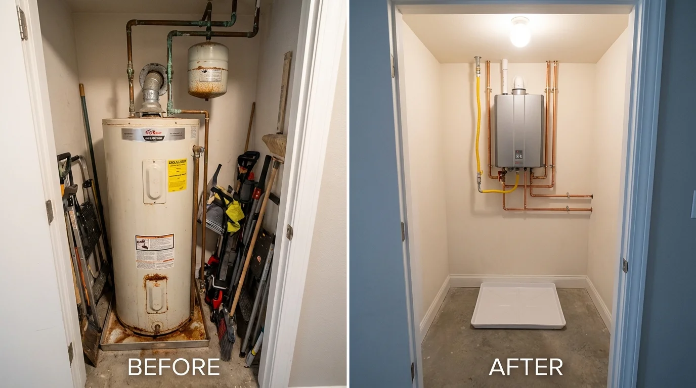 Tank water heater versus wall-mounted tankless unit comparison for Dudley, MA homeowners