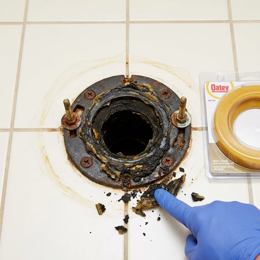 Failed wax ring showing water seepage at the base of a toilet in a Dudley, MA home