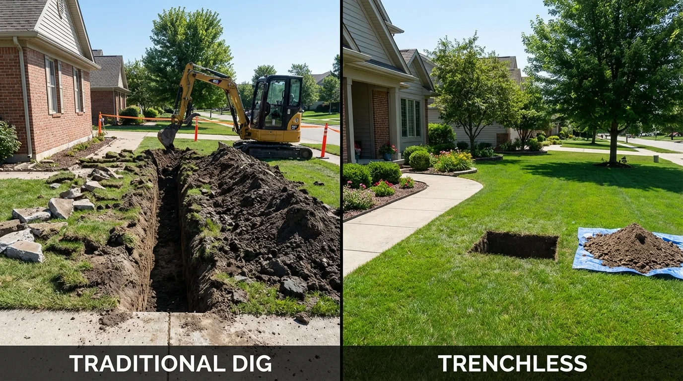 Trenchless sewer repair with minimal yard damage versus traditional excavation in Dudley, MA